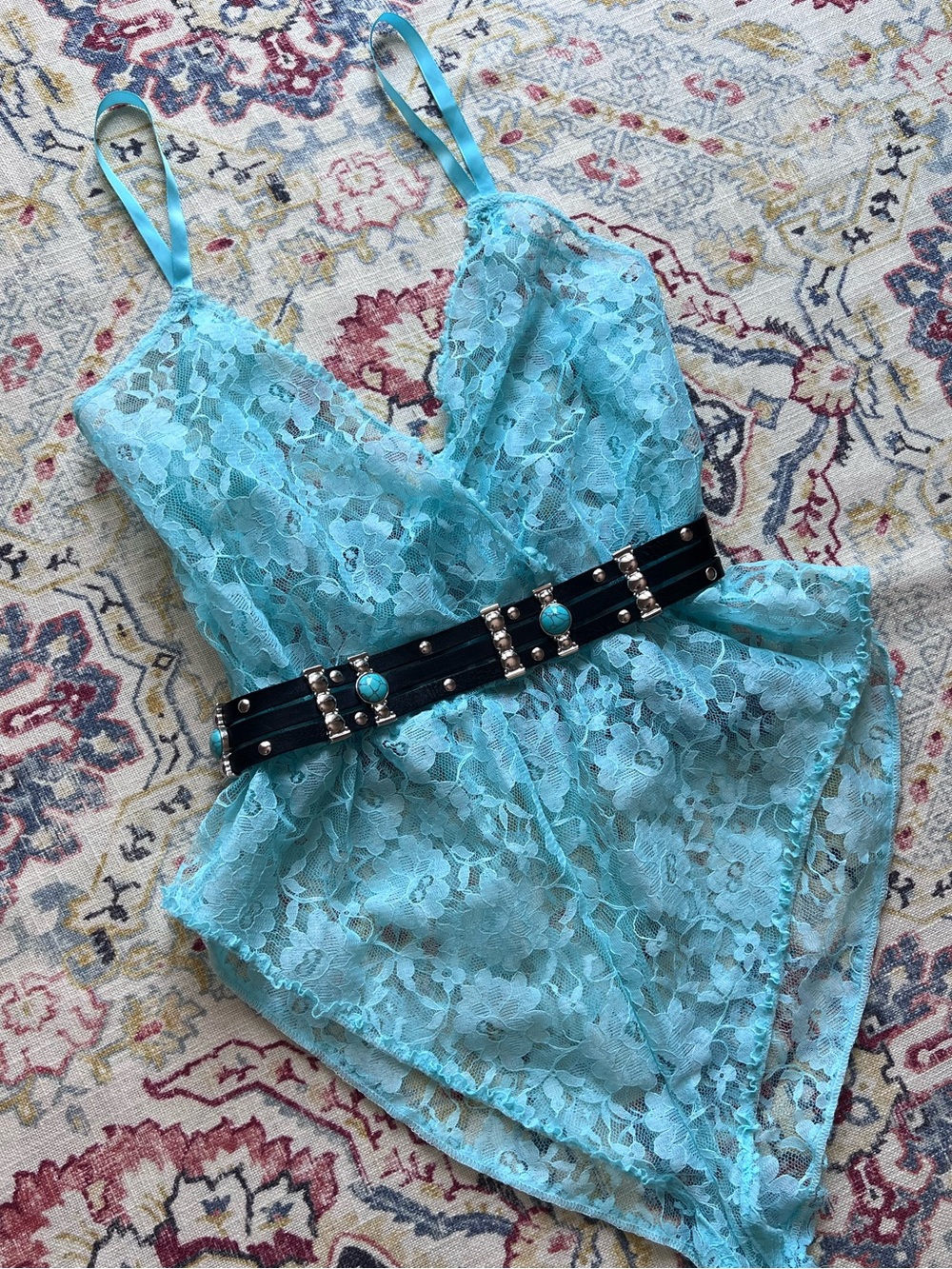 Vintage Sky Blue Sheer Lace Teddy Romper Boudoir Coquette Lingerie